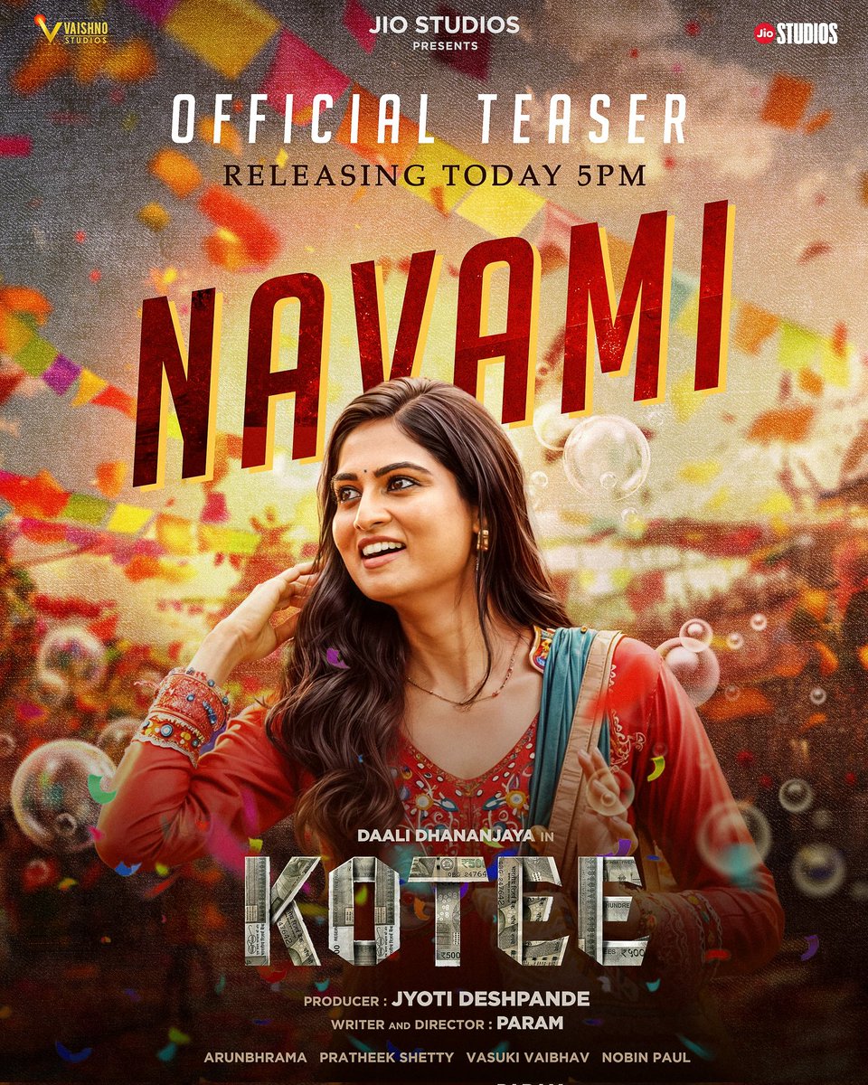 Moksha Kushal as Navami 💥 #Kotee official Teaser Releasing Today at 5 PM #Kotee #KoteeMovie #JyotiDeshpande @jiostudios @vaishnostudios_ @Dhananjayaka #ParameshwarGundkal @Vasukivaibhav @nobinpaul @pratheek_dbf #arunbhrama @proyuvraaj