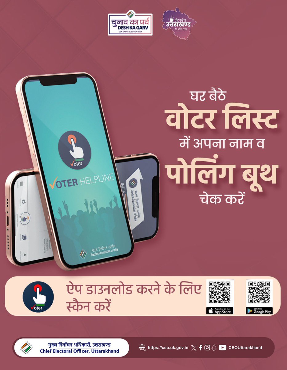 UttarakhandCEO's tweet photo. घर बैठे वोटर लिस्ट में अपना नाम व पोलिंग बूथ चेक करें।
डाउनलोड करें वोटर हेल्पलाइन ऐप

#voterhelplineapp
#CEOUttarakhand 
#onlinevoterlist 
#Uttarakhandelection https://t.co/GAXkK9P1Jb