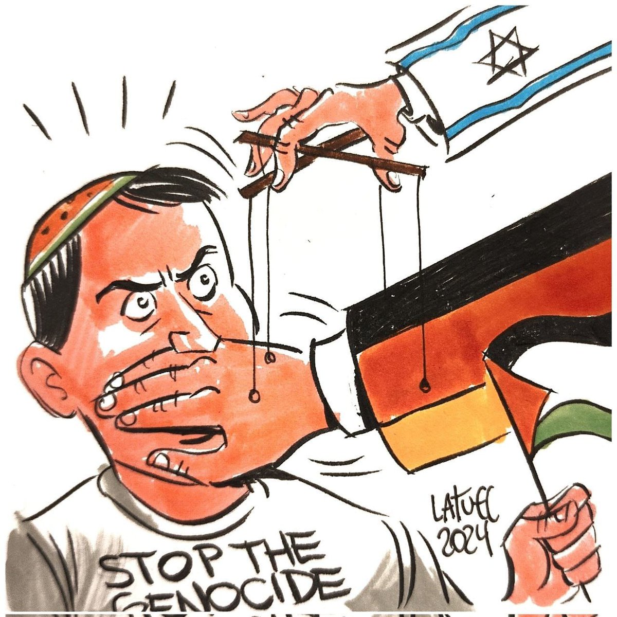 'Seguindo a antiga tradição de silenciar as vozes judaicas, a Alemanha agora tem como alvo os judeus que se manifestam contra o genocídio de Israel em Gaza. Vergonhoso, mas não surpreendente.' Carlos Latuff.