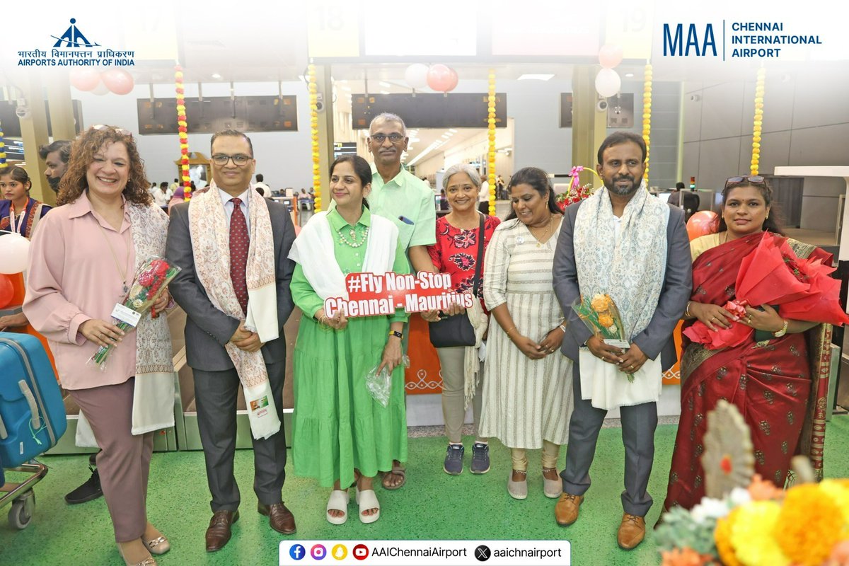 Celebrating a new chapter in connectivity! The inauguration of the maiden flight operations of Air Mauritius @airmauritius MK0747 took place with the traditional lamp lighting ceremony followed by cake cutting at Chennai International Airport. @MoCA_GoI | @AAI_Official