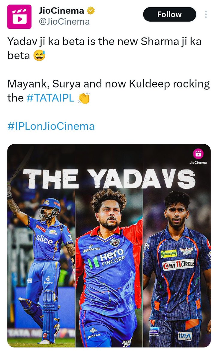 Yadavsarkar1111's tweet photo. पहले लोग अंधो में काने राजा बनते रहे हैं।

अब असली योद्धाओं ने क्रिकेट के समर में अपने खूंटे गाढ़ने शुरू कर दिये हैं।

बेशक @JioCinema ने दबाब में आकर पोस्ट डिलीट कर दी है।

लेकिन आज नही तो कल आपको फिर ये लिखना ही होगा।🤘

#KuldeepYadav #IPLonJioCinema 

#KuldeepYadav https://t.co/DXPQyNDfRR