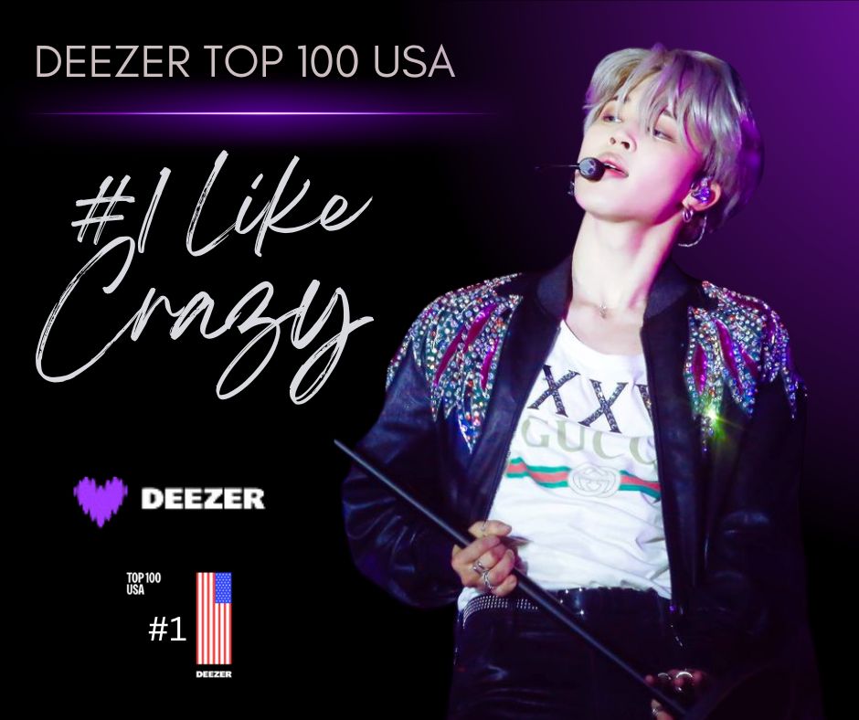 Congratulations Jimin!

Like Crazy still at #1 on the Deezer Top 100 USA chart! 󠁭󠁸󠁭󠁥
Days on USA Deezer Charts - 3 Days 🇺🇸

Extending its record as the longest-charting song by a Korean/K-Pop act to spend multiple days at #1 on the chart

#DeezerKingJimin…