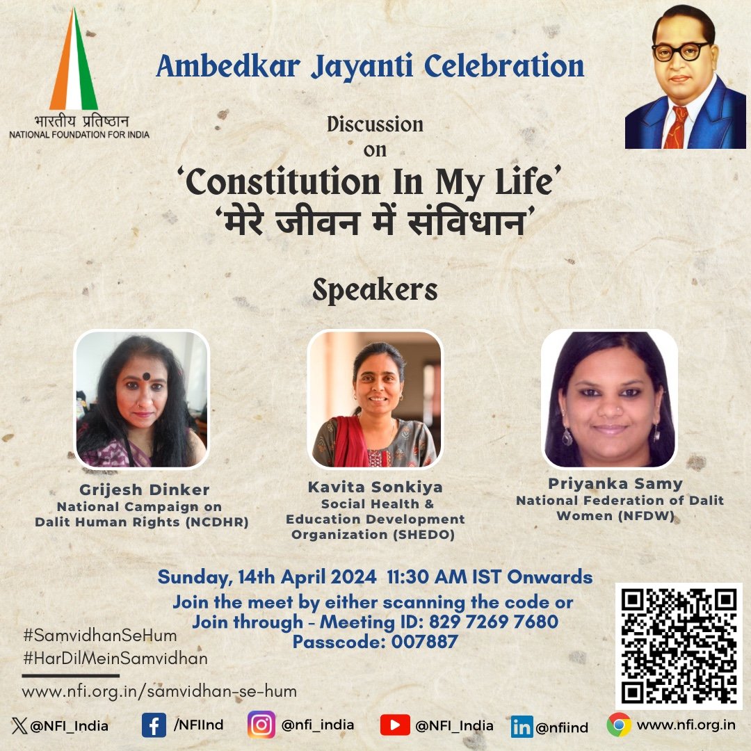 📣 This #AmbedkarJayanti, @NFI_India is organising an online discussion on the impact of the #Constitution in people's lives. Speakers: @grijesh_dinker, NCDHR Kavita Sonkiya , @ShedoTimarni @PriyankaSamy, NFDW 🗓️ 14 April 2024, Sunday, 11: 30 AM Onwards IST See you there !