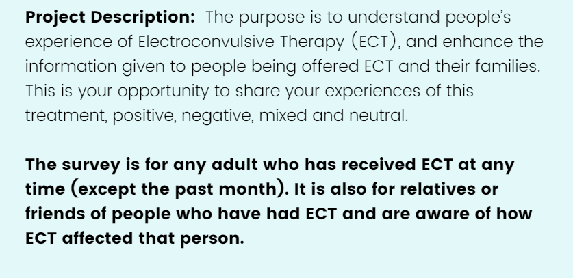 ECT survey This research by @UELPsychLondon aims to understand people's experience of ECT. Please consider completing it if you or a family member have had ECT. uelpsych.eu.qualtrics.com/jfe/form/SV_57…