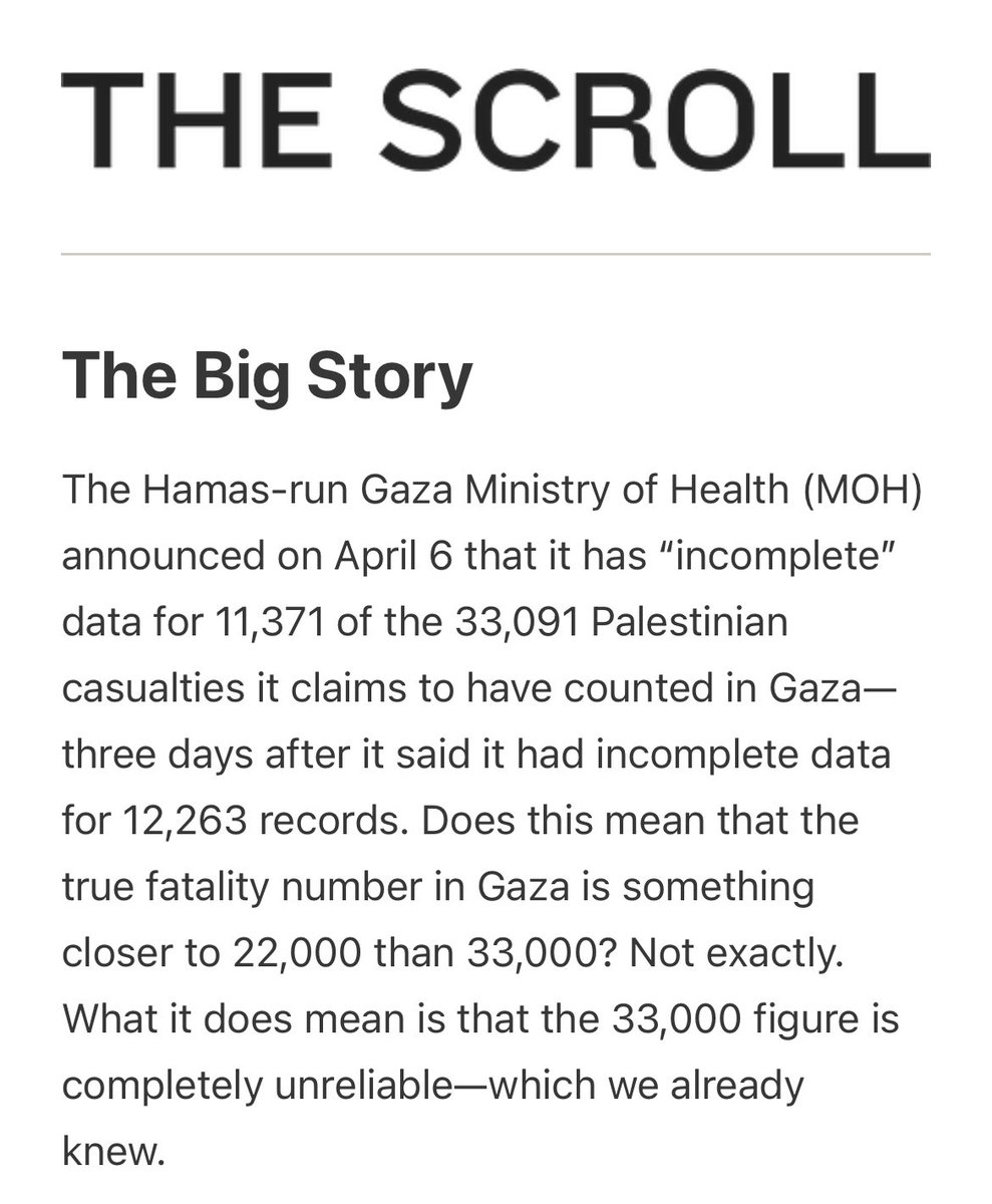 Remember the 30,000 civilian death toll in Gaza that the world media quoted endlessly from #Hamas? It appears it was wrong. Don’t take my word for it. On April 6 the Hamas Ministry of Health announced that the details of 11,000 of those presumed dead are “incomplete”.…