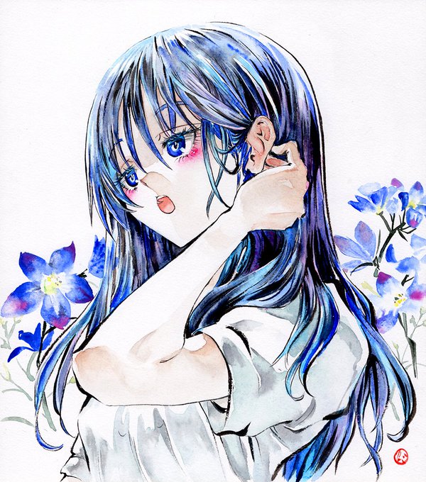 「blush hand in own hair」 illustration images(Latest)