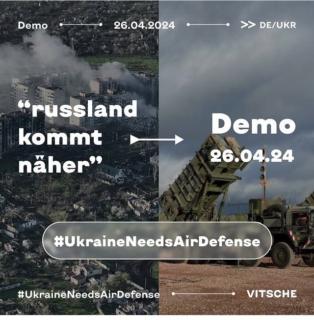 sashkovska's tweet photo. #UkraineNeedsAirDefense 
❗️Berlin und Umgebung! Kommt zur Demo am 26. April (Zeit und Ort werden ergänzt). RU zerstört Ukraine Tag für Tag. Wir dürfen nicht still zusehen oder beim Kopfschütteln bleiben. @VitscheBerlin https://t.co/Yq5P3MgyN7