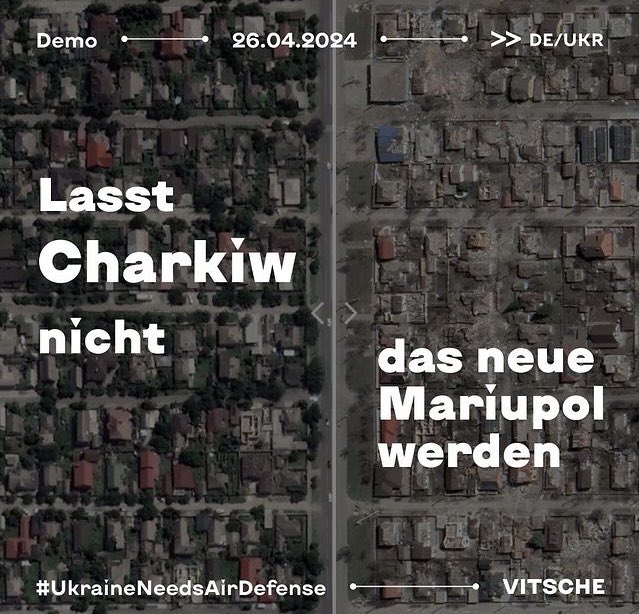 sashkovska's tweet photo. #UkraineNeedsAirDefense 
❗️Berlin und Umgebung! Kommt zur Demo am 26. April (Zeit und Ort werden ergänzt). RU zerstört Ukraine Tag für Tag. Wir dürfen nicht still zusehen oder beim Kopfschütteln bleiben. @VitscheBerlin https://t.co/Yq5P3MgyN7