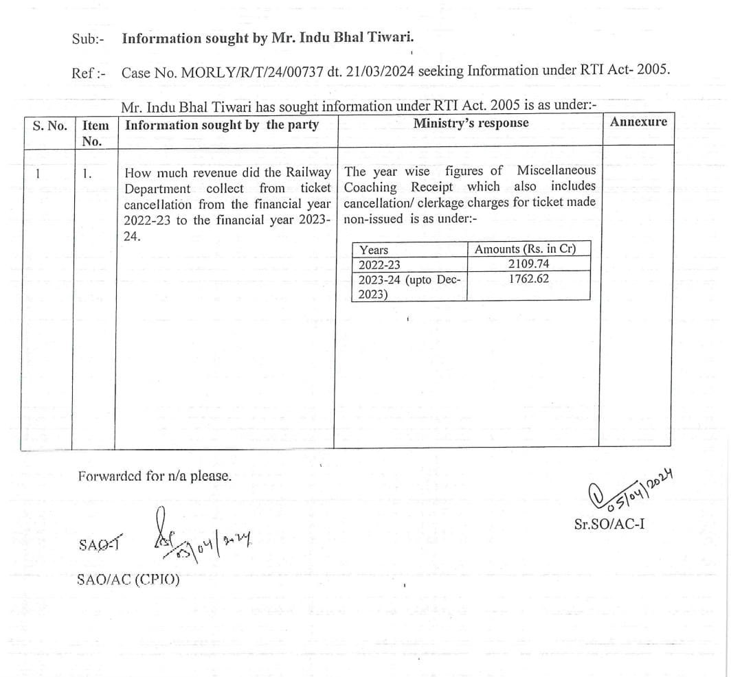 BajpaiP_K's tweet photo. लूट:
RTI से प्राप्त जानकारी के अनुसार वर्ष 2022-23 में भारतीय रेल ने टिकट कैंसलेशन के नाम से लगभग ₹2110 करोड़ कमाये।
जानें,कैसे?
IRCTC से WL टिकट बुक किया और वो कंफर्म नहीं हुआ तो रेलवे खुद उस टिकट को कैंसिल कर सर्विस चार्ज काट लेती है।

जब सर्विस नहीं तो सर्विस चार्ज क्यों कटा? https://t.co/B37vIBulAY