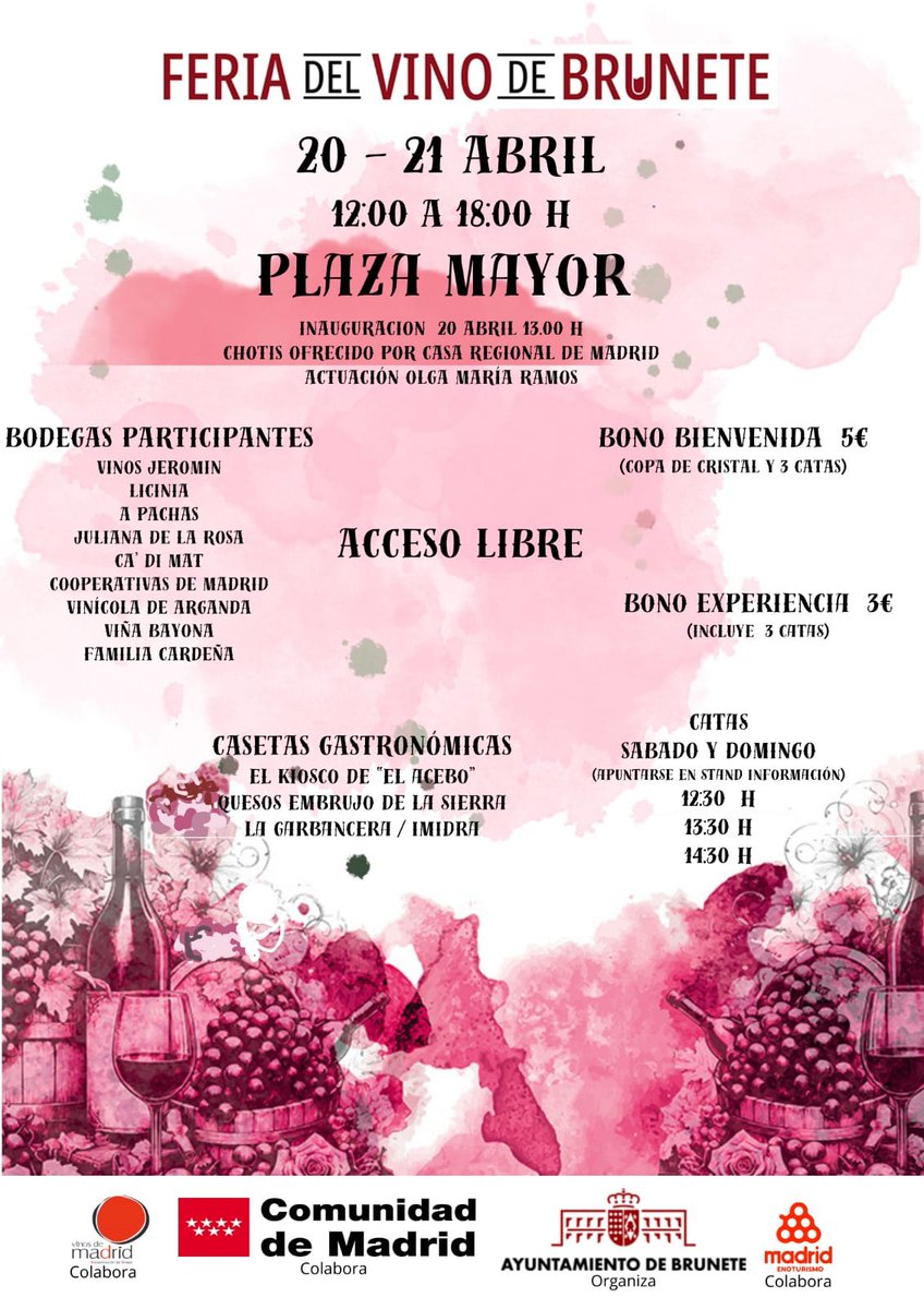 MUNICIPIOS| Brunete
Brunete celebra su primera Feria del Vino los días 20 y 21 de abril
#PeriódicoSierraMadrid #RadioSierraMadrid #Brunete #VinosDeMadrid @AytoBrunete @VinosdeMadridDO @MadridRutasVino @MarNicolasRobl1 @midra_i 
radiomadridsierra.com/brunete-celebr…