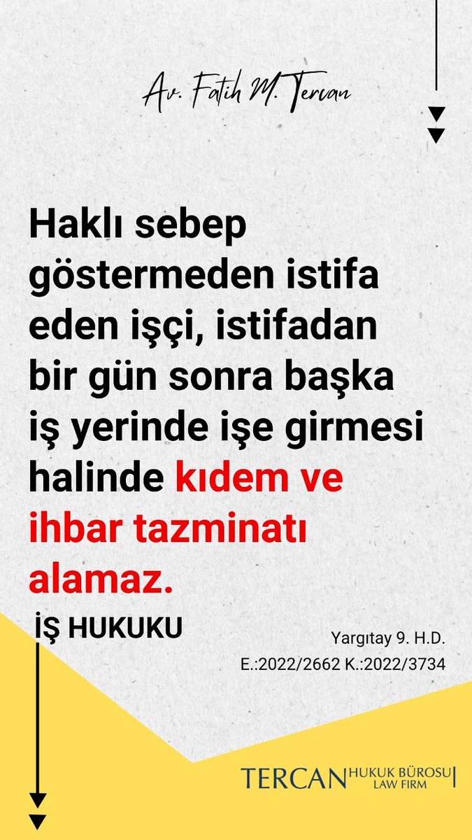 Haklı sebep göstermeden istifa eden işçi, istifadan bir gün sonra başka iş yerinde işe girmesi halinde kıdem ve ihbar tazminatı alamaz. 

#HaklıSebep #teleferik #cumartesi #Iran #İstifa #İşçi #İşHukuku #İşAvukatı #bodrumseferiyayında #İşçiHakları #KıdemTazminatı #Tazminat #Hak