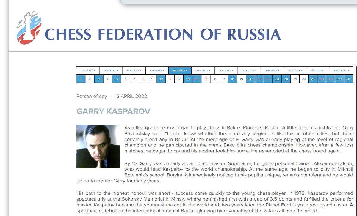 Happy birthday @Kasparov63! The Chess Federation of Russia🇷🇺 has now removed him from their birthday greetings list, which just exactly shows that if you do not want to be part of the Russian propaganda machine, there is a way: Be like Garry! Speak up! web.archive.org/web/2022052713…