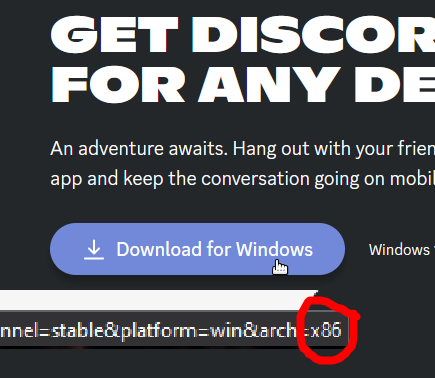 archer_uwu's tweet photo. despite a fully functioning 64bit version existing and old windows versions being unsupported, discord STILL ships the client as 32bit by default for some reason

if you change the url to "=x64", you can get the 64bit client https://t.co/CnPTJUC9XH