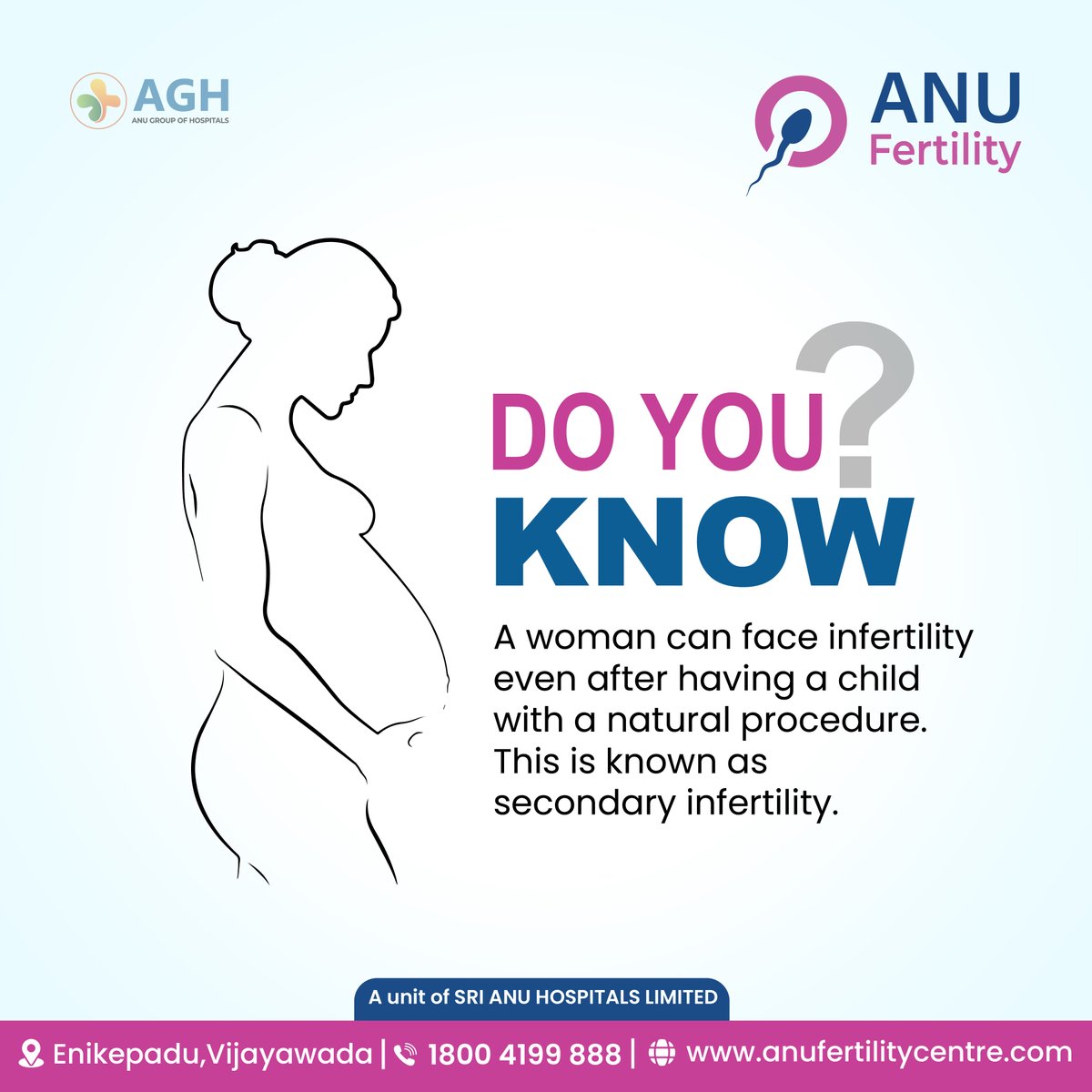 Facing secondary infertility can be overwhelming, but at Anu Fertility, we're here to provide support, guidance, and solutions. 
#Anufertility #vijayawada #infertility #fertilitysolutions #ivfcentre #ivfprocedure #ivfcare #pregnancy #motherhood #secondaryfertility