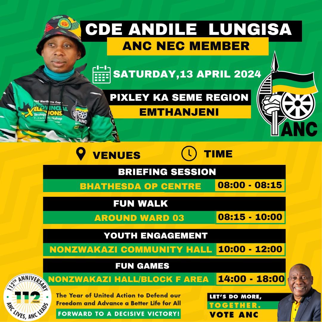 📌HAPPENING TODAY | NEC MEMBER CDE. ANDILE LUNGISA CONTINUES ON THE CAMPAIGN TRAIL IN EMTHANJENI Cde. Andile Lungisa with RET deployees and the ANCYL will embark on various campaign activities in Emthanjeni Ward 03 targeted at the youth. #ANCWeekend #LetsDoMoreTogether 🖤💚💛