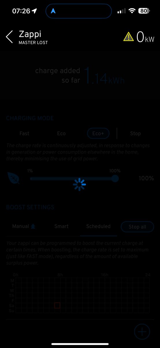 All was working fine before a one week holiday. Got home and now our Zappi is displaying this intermittently and will neither smart charge on IOG or manual boost. What’s happened? Any clues? Won’t even dumb charge it seems. #Zappi #issues @myenergi 🤷‍♂️