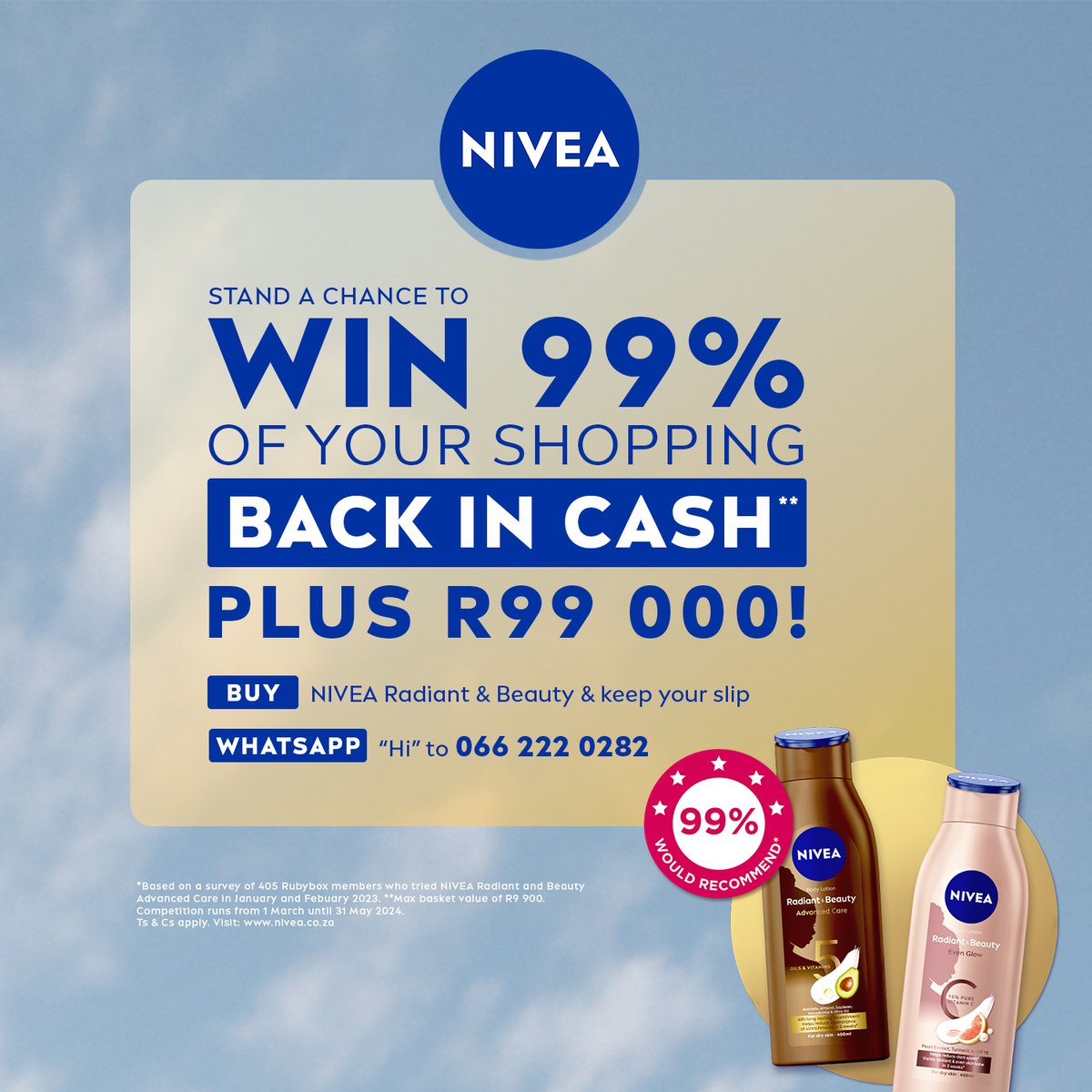 Get to the Mall of Africa with #NIVEA Radiant and Beauty. 🗓️Saturday 13 April ⏰ 12h00 Stand a chance to WIN instant prizes & your share of R99,000 if you buy any @niveasouthafrica Radiant & Beauty Advanced care or Even Glow body lotion or cream. #ForYourShadeOfBeautiful