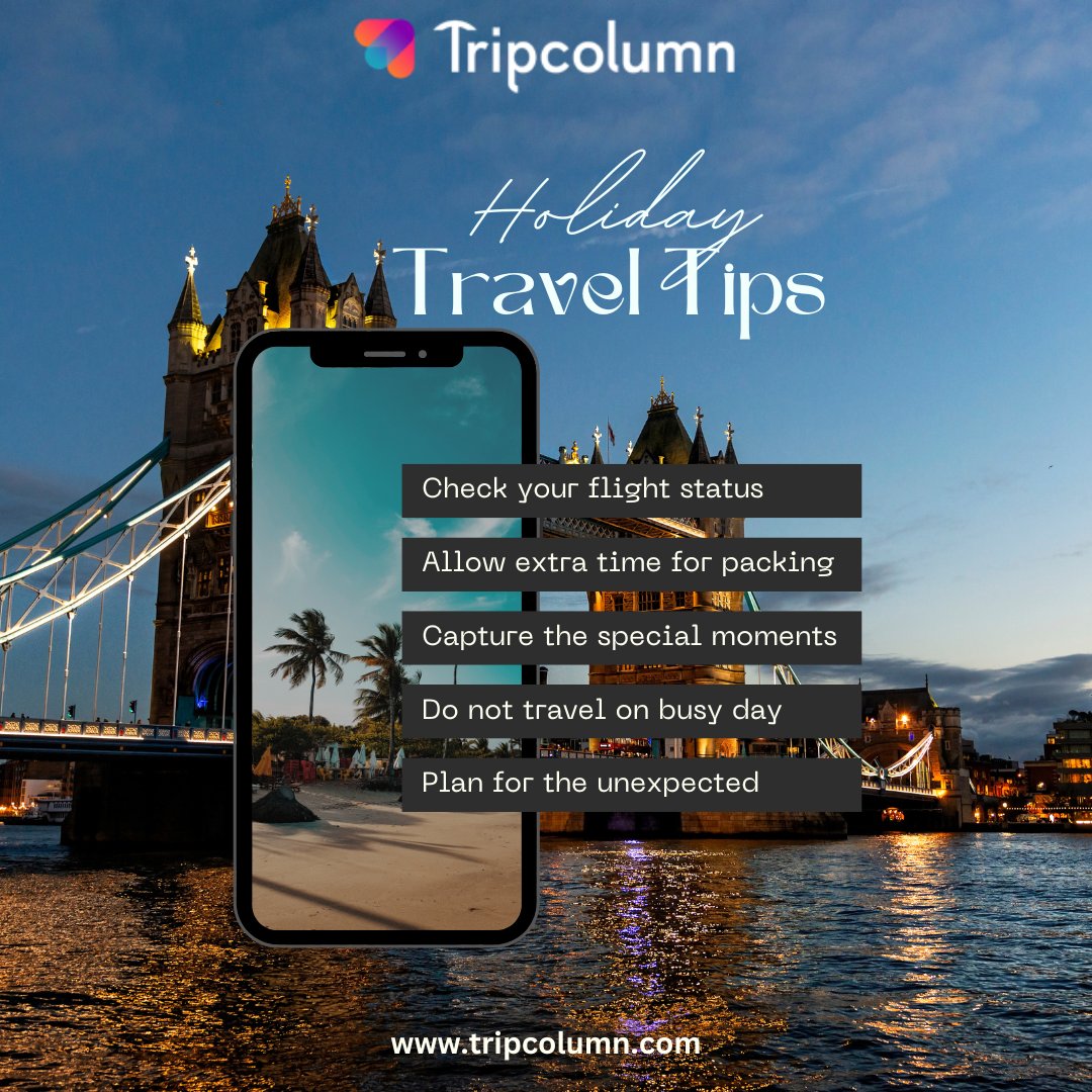 TripColumn's tweet photo. "Navigate the Holiday Rush like a Pro!"

Here are some savvy tips to make your holiday travel smoother than ever.

Visit us: https://t.co/ReiTzButkx

#TravelSmart #PlanAhead #BookEarly #PackLight #TravelMinimalist #LessIsMore https://t.co/cTMWKJR4Hc