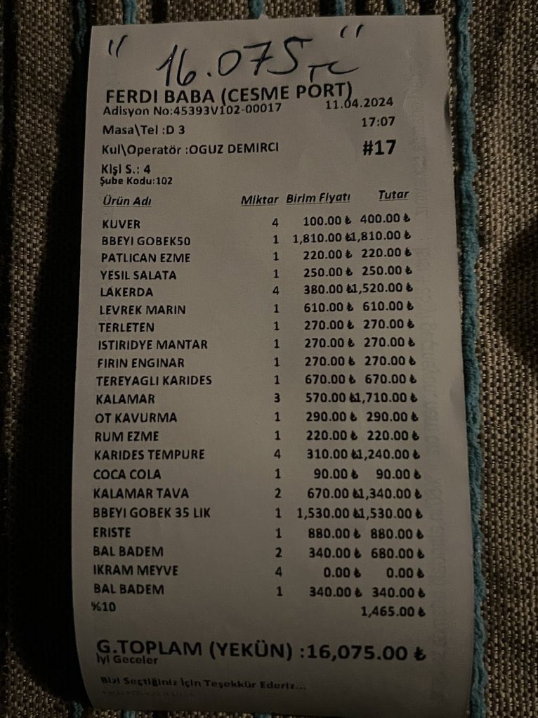 Çeşme Alaçatı'da bulunan bir mekanın adisyonu.

Ne düşünüyorsunuz?