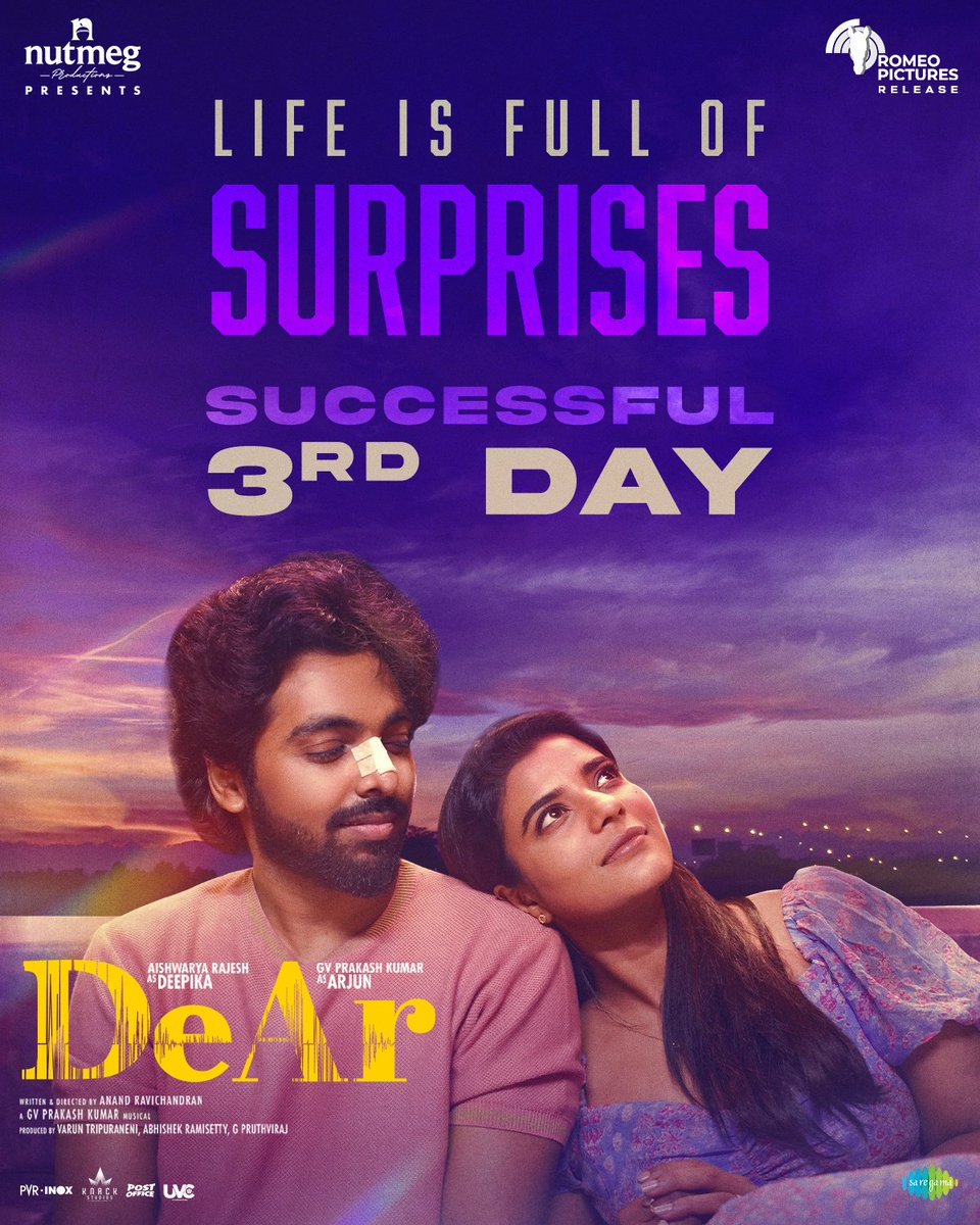 #DeAr Running successfully in theatres!🔥 ⭐@gvprakash🎶 🌸@aishu_dil 🎬@Anand_Rchandran Credit:@NutmegProd #RomeoPictures @mynameisraahul🎥