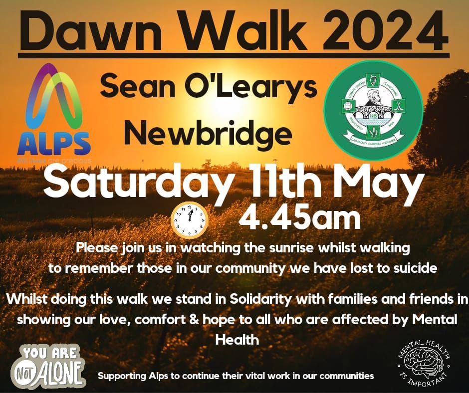 NewbridgeCLG's tweet photo. Please join us in watching the sunrise whilst walking to remember those in our community we have lost to suicide. 

To register, please use the following form:
https://t.co/lReFZ5rS4I

🗓️ Saturday 11th May @ 4:45am https://t.co/q54rnqH45X