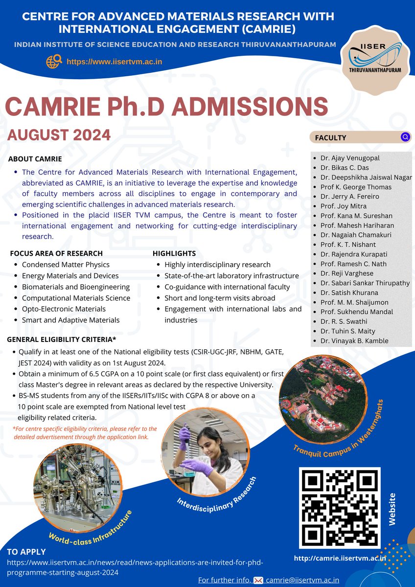 Jerry Fereiro (@fereirojerry) on Twitter photo I am planning to recruit 1-2 PhD students under CAMRIE, IISER TVM.
Students interested in the area of "Soft Materials and Interfaces, Charge Transport in Bio/Molecular Systems" please write to me at jerryfereiro@iisertvm.ac.in
For more details:fereirolab.com I am planning to recruit 1-2 PhD students under CAMRIE, IISER TVM.
Students interested in the area of "Soft Materials and Interfaces, Charge Transport in Bio/Molecular Systems" please write to me at jerryfereiro@iisertvm.ac.in
For more details:fereirolab.com