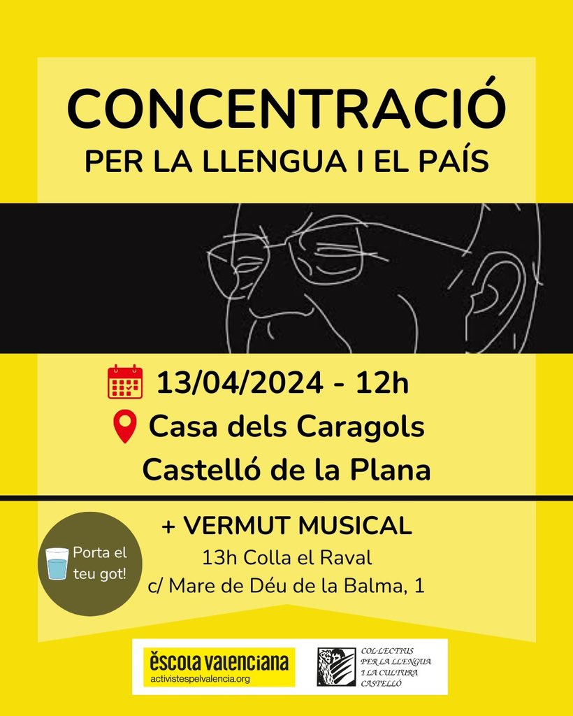 Hui estarem amb @escolatv i amb la resta d’entitats que formem part de @csxlallengua 💪💪💪 👉 A les 12h, defensem el valencià a La Casa dels Caragols (Castelló de la Plana). 🎶 Després tindrem vermut musical!