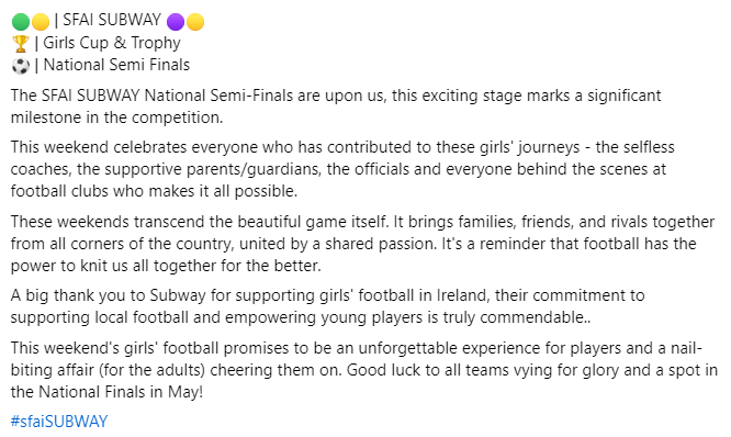 🟢🟡 | SFAI SUBWAY 🟣🟡 🏆 | Girls Cup & Trophy ⚽ | National Semi Finals The SFAI SUBWAY National Semi-Finals are upon us, Good luck to all teams vying for glory and a spot in the National Finals in May! #sfaiSUBWAY @SubwayROI