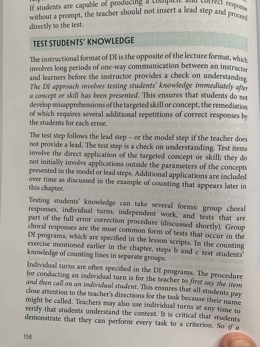 At the heart of the Direct Instruction model is checking for understanding which is what makes it a highly interactive way of teaching.

It will surprise many to read that DI is the “opposite of the lecture format.”