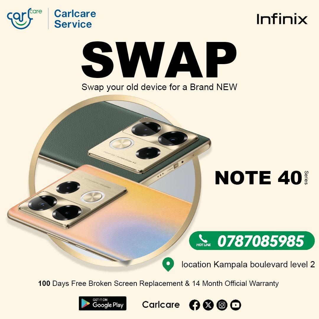 Hello fam! Here's a chance to own a brand new sleek device on market now just by #swapping your old Infinix phone for a brand new #InfinixNote40series.Visit us on Boulevard building level 2, Kampala road. Terms & conditions do apply as stated👇
1/n