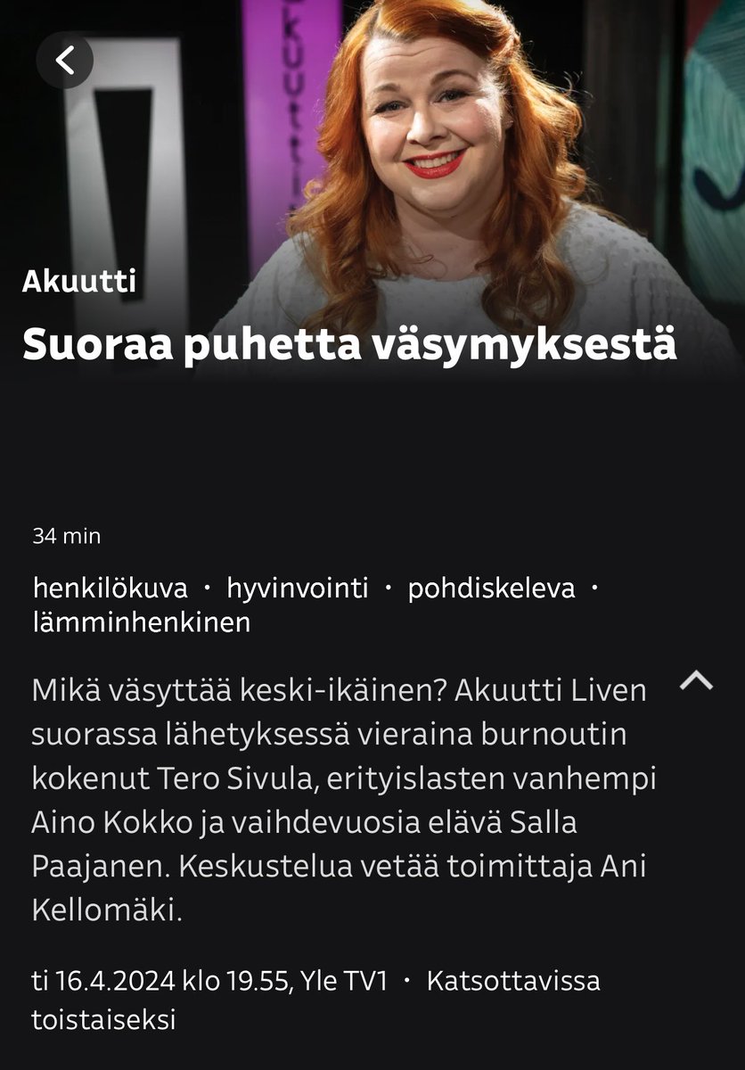 Pauliina Mäkelä (@pauliinamakela) on Twitter photo Ti 16.4. klo 19.55 <a href="/SallaPaajanen/">Salla Paajanen</a> on Yle TV1 Akuutti Live -ohjelmassa keskustelemassa keski-ikäisen väsymyksestä vaihdevuosien myötä. Ohjelmassa tullaan mainitsemaan ajamamme kansalaisaloite kansalaisaloite.fi/fi/aloite/13142, Katso livenä tai myöhemmin: areena.yle.fi/1-66473076. Ti 16.4. klo 19.55 <a href="/SallaPaajanen/">Salla Paajanen</a> on Yle TV1 Akuutti Live -ohjelmassa keskustelemassa keski-ikäisen väsymyksestä vaihdevuosien myötä. Ohjelmassa tullaan mainitsemaan ajamamme kansalaisaloite kansalaisaloite.fi/fi/aloite/13142, Katso livenä tai myöhemmin: areena.yle.fi/1-66473076.