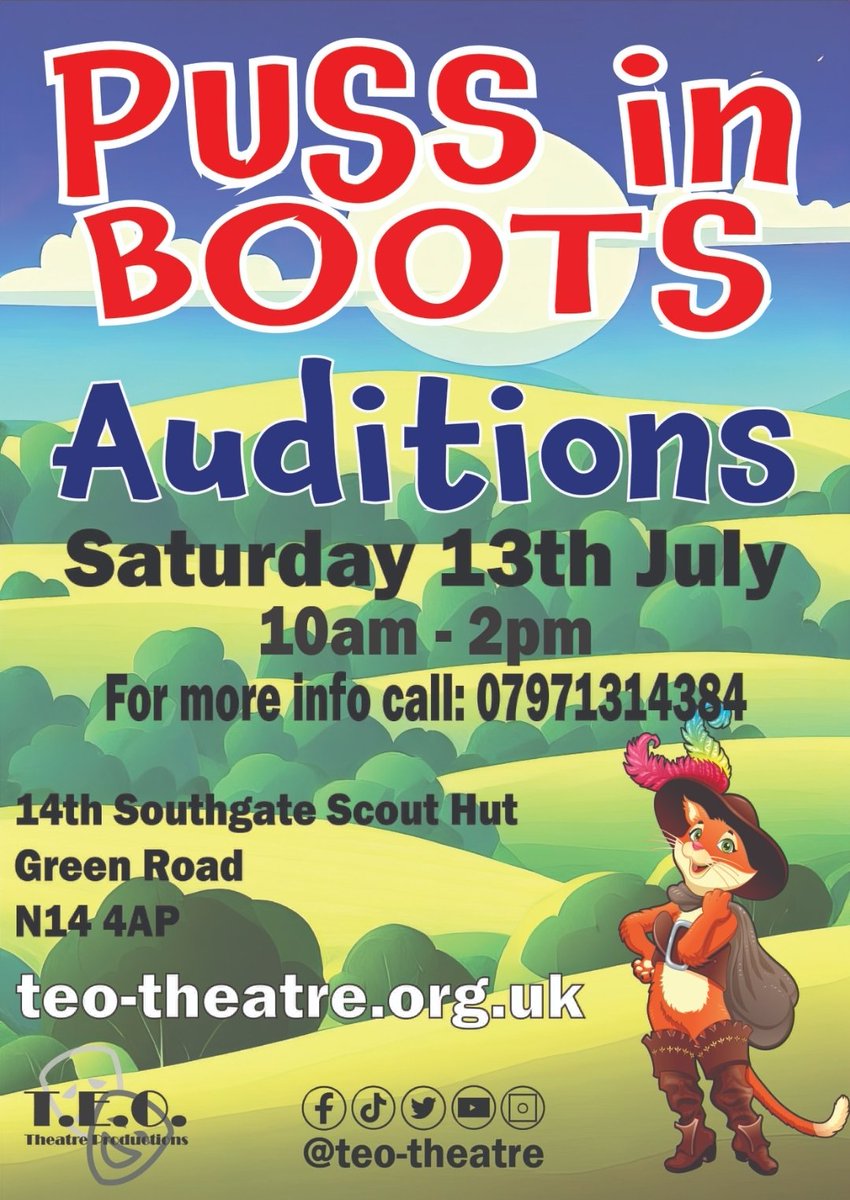 Save the date!

Interested in joining our Puss In Boots Panto this year?

Then we'll see you at the auditions! 

Teo-theatre.org.uk