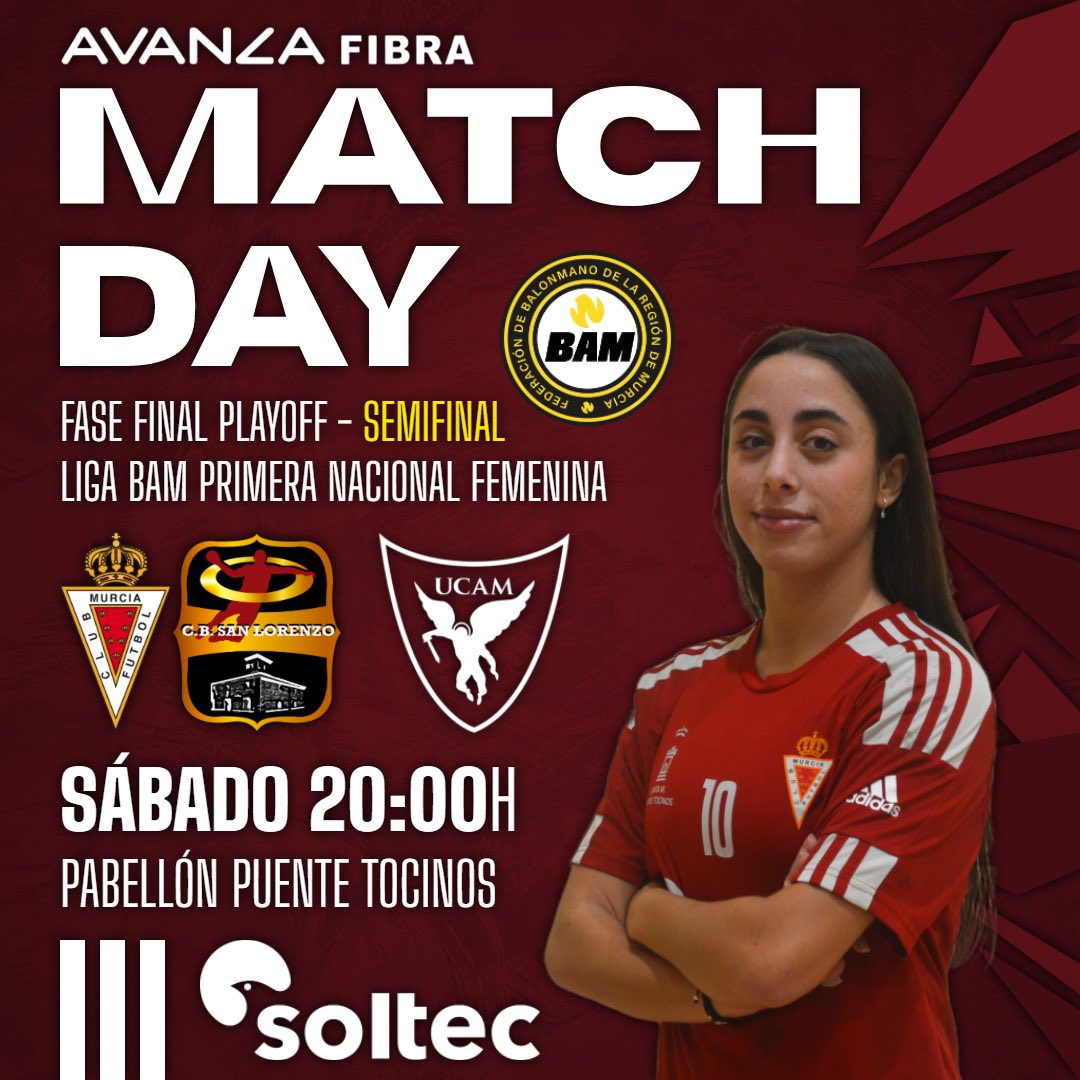 🔛PARTIDO DE LA JORNADA Fase Final PlayOff - SEMIFINAL - Liga BAM Primera Nacional Femenina SENIOR FEM VS @UCAMBalonmano ⏰ Sábado 13 - 20:00h 📍Pabellón Municipal de Puente Tocinos 🔴DIRECTO en YT: CBSANLORENZO🔴 Partido patrocinado por: @SoltecPower ☀️ y @avanzafibra 🛜