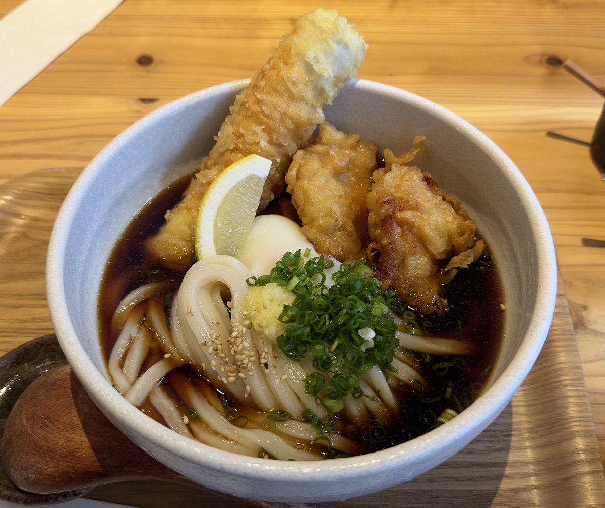 Ogimachi Udonya Asuro in Tenjinbashi, Osaka. Udon noodles were a perfect balance between hard and soft and very good but the highlight was the toppings. Chikuwa (fish cake) was mild and very soft unlike the rubbery texture of lesser quality chikuwa. The fried chicken dissolved in