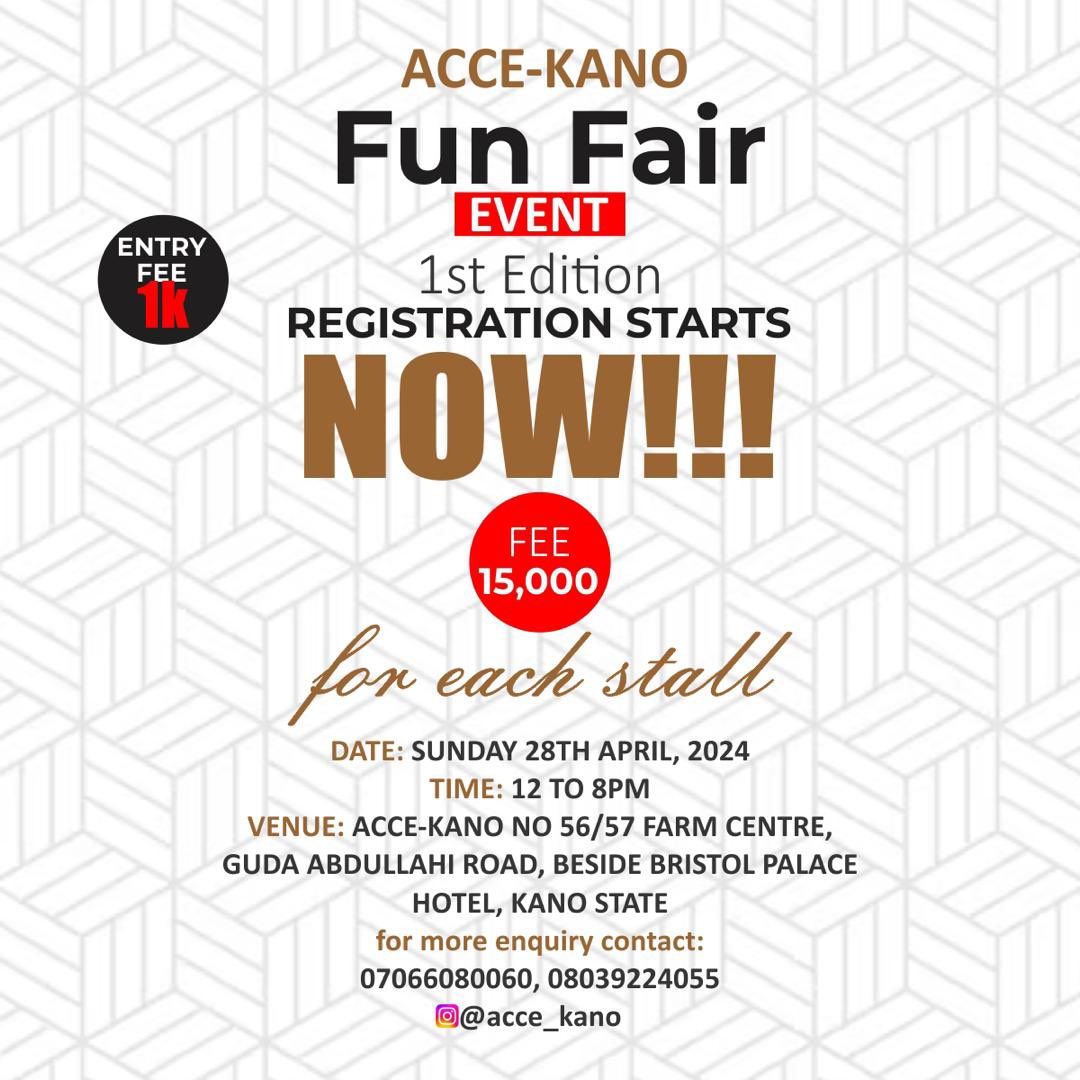 Calling all vendors and entrepreneurs! Here's a great opportunity to showcase your products and services at the ACCE-KANO Funfair Event. The stall registration fee is 15K. Reserve your spot now and be part of this exciting event on April 28th, 2024, from 12 to 8 pm.