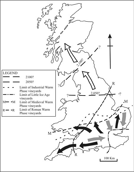 Northern limit of UK viticulture over the last two millennia