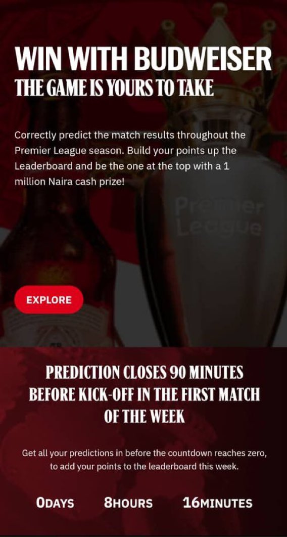 Stand a chance to win N1m by predicting games accurately. Sign up with the link below & you can start predicting games to win. Don’t forget entries end 90 mins before the start of weekend games #BudweiserKingsOfFootballShow #YoursToTake budweiserfootballpredictor.com