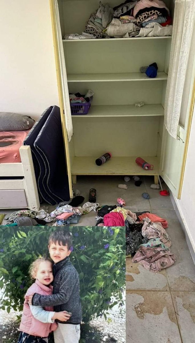 This is the closet where 9-year-old Michael and 6-year-old Amalya Idan hid after they saw their mother shot by terrorists. Michael grabbed Amalia and they hid for 14 hours until soldiers came to rescue them. Their baby sister, Avigail, was taken hostage to Gaza. Do not for…