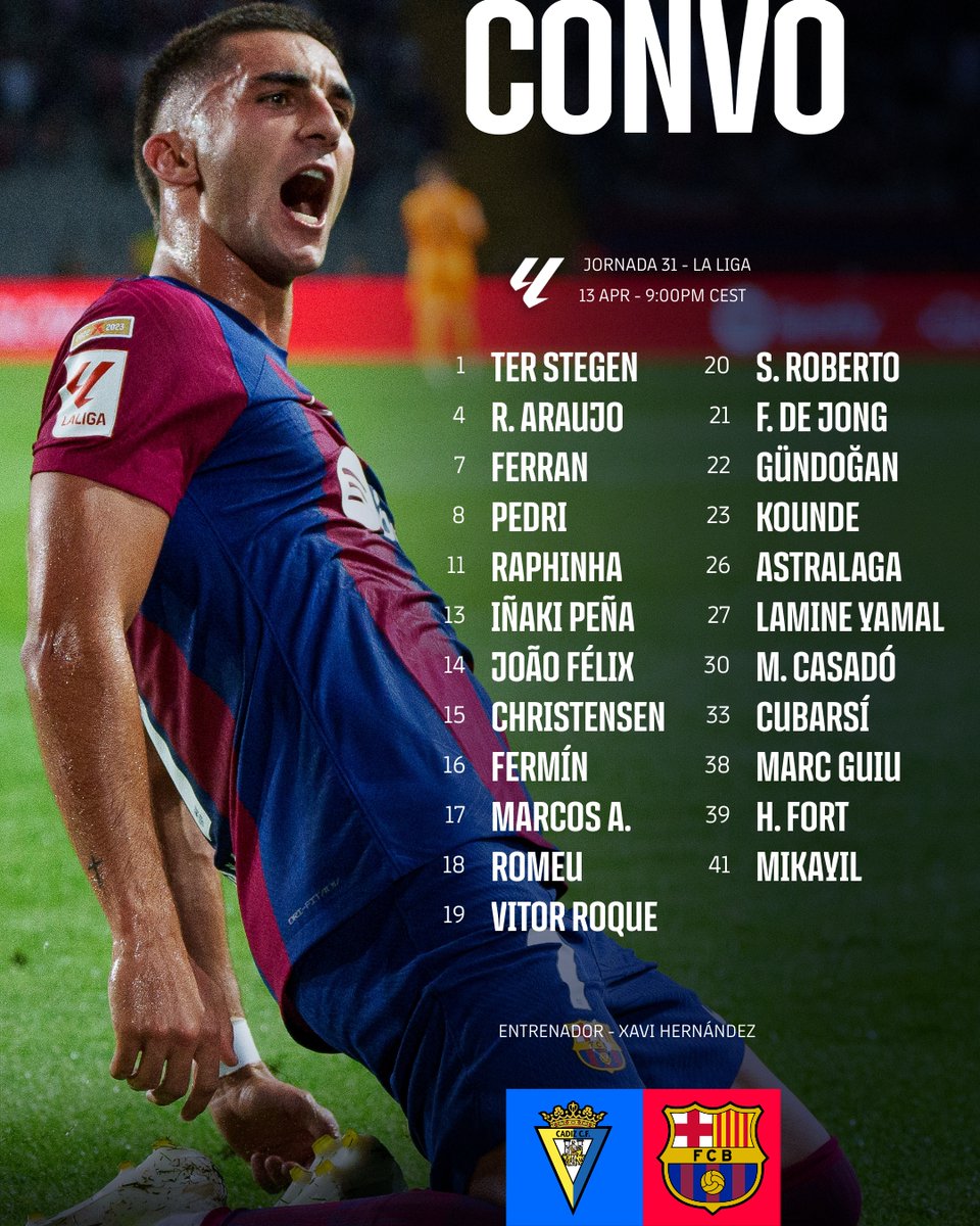 FCBarcelona's tweet photo. 🚨 SQUAD LIST! 🚨
#CádizBarça https://t.co/yTFAj7AIXm