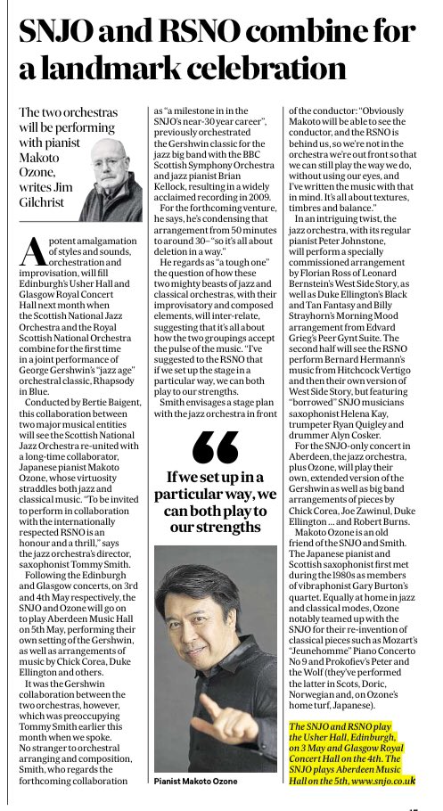 Thank you, Jim Gilchrist @scotsman_arts for previewing the Scottish National Jazz Orchestra’s Rhapsodic adventures with Japanese piano virtuoso Makoto Ozone and @RSNO