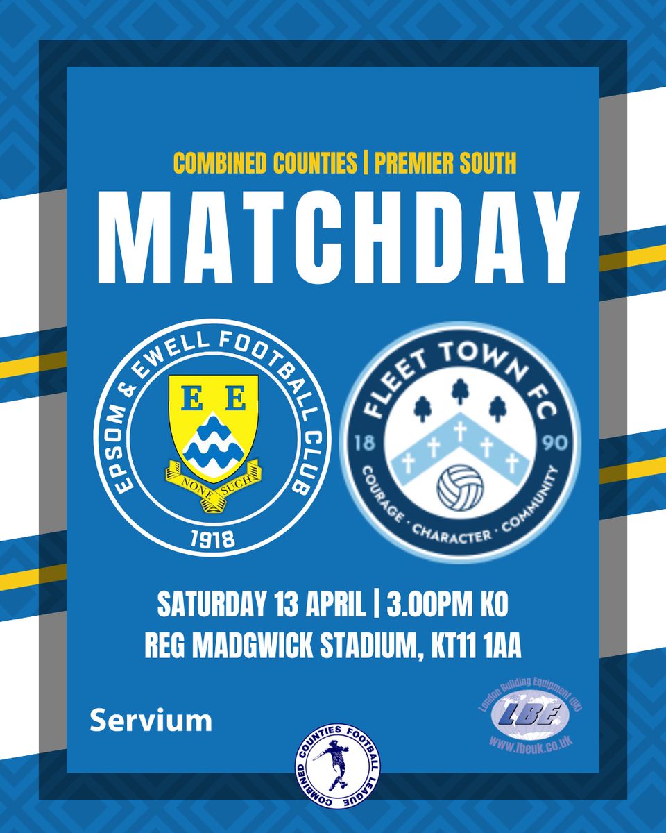 GAME DAY! Today we are at home to @FCFleetTown 
🏆 Combined Counties | Premier South 
🗓️ Saturday 13th April
⏱️ KO 3pm
🏟️ The Reg Madgwick Stadium 
📍KT11 1AA

 🅿️ is limited, Overflow parking at Hollyhedge pay and display opposite the driveway

#WeAreEpsom | #Salts |#CCL |#3G