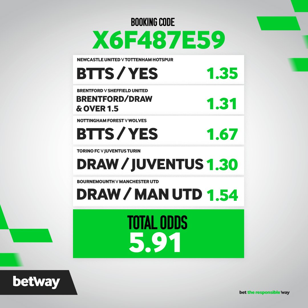 Saturday Betslip has arrived Bazalwane 🔥🔥🔥 Premier League ✅ Serie A ✅ Bet Code: X6F487E59 Together Squad BET NOW 👉 bit.ly/3A4KXvJ-Betway… #BetwaySquad