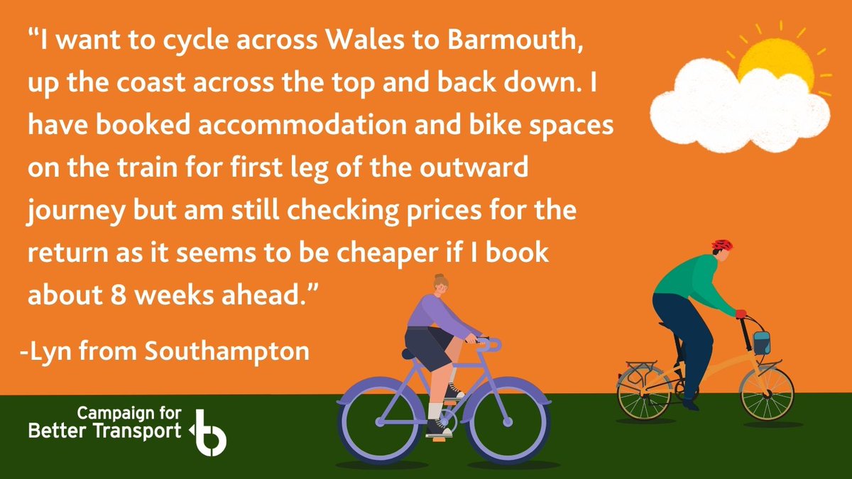 This summer Lyn wants to cycle across Wales... ✅Accommodation booked ✅Bike spaces on outward train booked ❌Still waiting to book return train If you're planning a trip by train, you shouldn't have to wait and see to book the best price. You should be able to just book it.