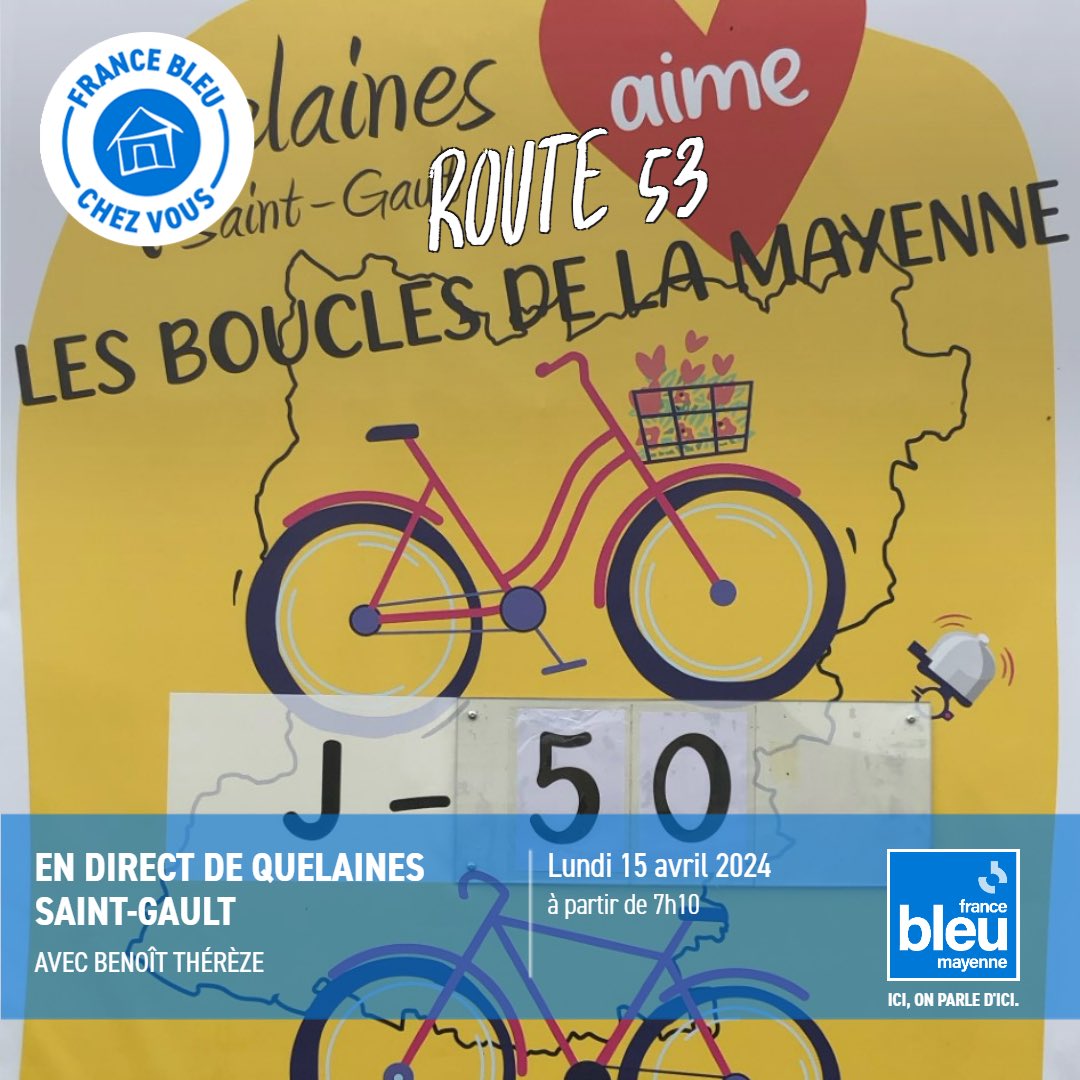 📍🔘 A quelques semaines du passage des @boucles53, France Bleu Mayenne, avec Benoît Thérèze et « Route 53 », sera de passage ce lundi matin 15/04 sur la commune pour évoquer la tenue de cet événement le dimanche 26 mai 👉 Interventions à 7h10, 7h35 et 8h10… 📻 @bleumayenne