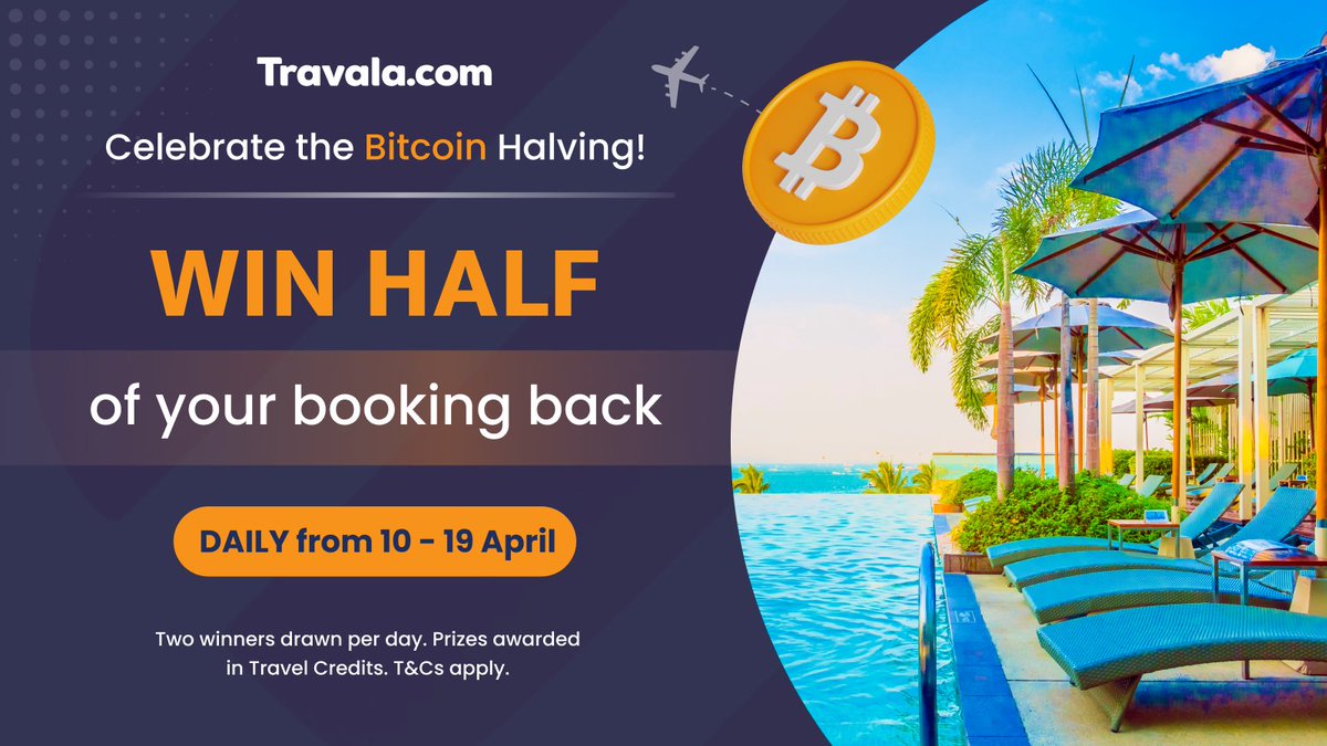 REMINDER: Our #Bitcoin Halving Giveaway is live! Book now on Travala for a chance to WIN HALF your booking back! 😍 Daily winners until 19 April! Every booking is a new chance to win! 🎉 The best time to travel is now! ✈️ travala.com/blog/win-half-…