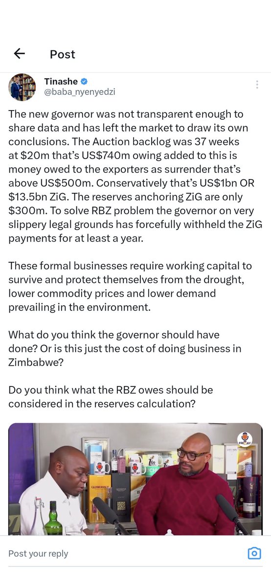 I keep hearing this statement that Export Surrender creates a liability in @ReserveBankZIM Balance Sheet. This can't be correct because Export Surrender is a Currency Swap. RBZ is giving up ZiG /ZWD in exchange for USD - so there is a nil Balance Sheet Effect.