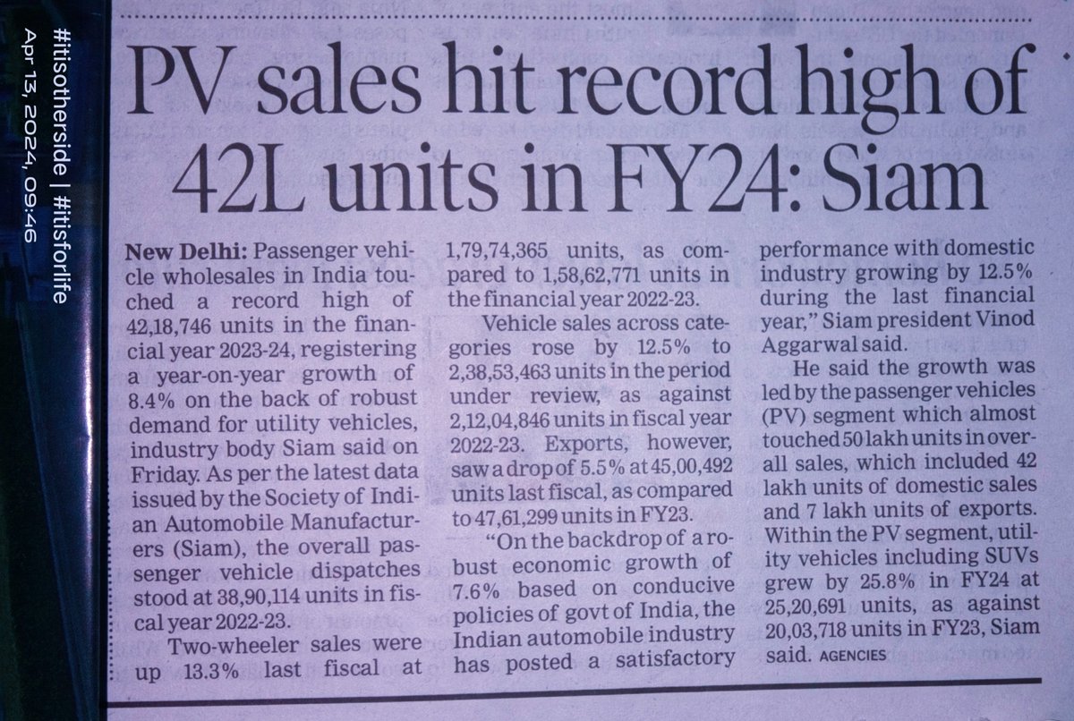 Happily @FADA_India so does @ACMAIndia
FY24 had robotic jump in sales of PV though export got a little downstairs.
Wish riders have a #safedriving 
It'll make all desirable road users including vulnerable road users safer.
@siamindia 
@dipakdashTOI