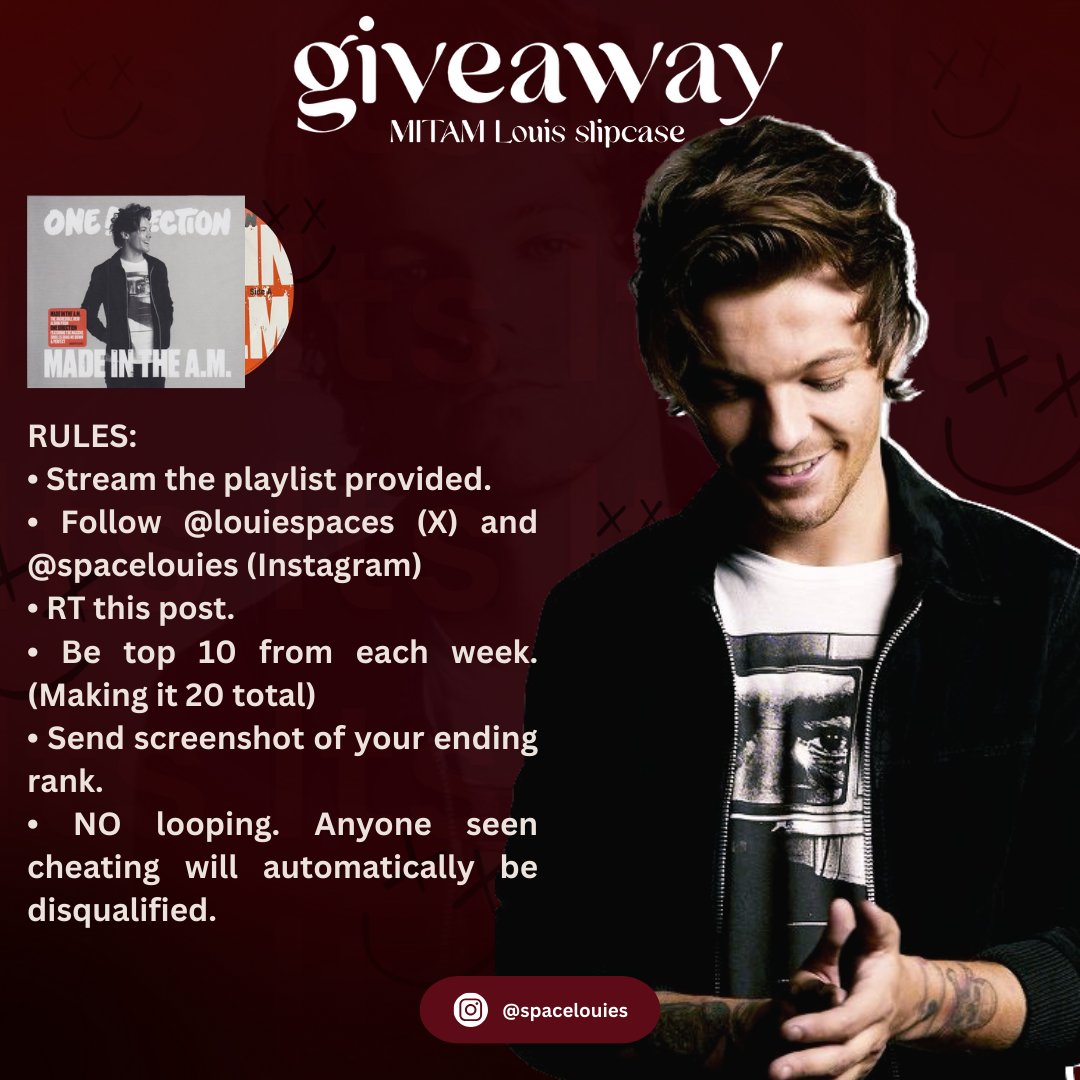 🚨 | STREAM PARTY GIVEAWAY! Item up for grabs: MITAM Louis slipcase, still sealed, brand new. HOW TO ENTER: • Stream the playlist provided. • Follow @louiespaces and @/spacelouies on Instagram. • RT this post to reach it to the fandom. • Be top 10 from each week. (Making it…