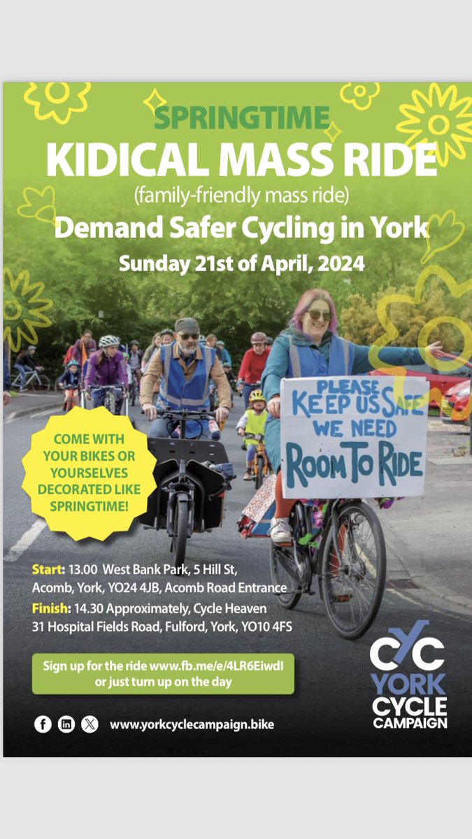 @Yorkshiredays Please Come and join our Cycle Ride in beautiful York . It’s a family friendly ride . It will be a great day out . Sunday 21st April