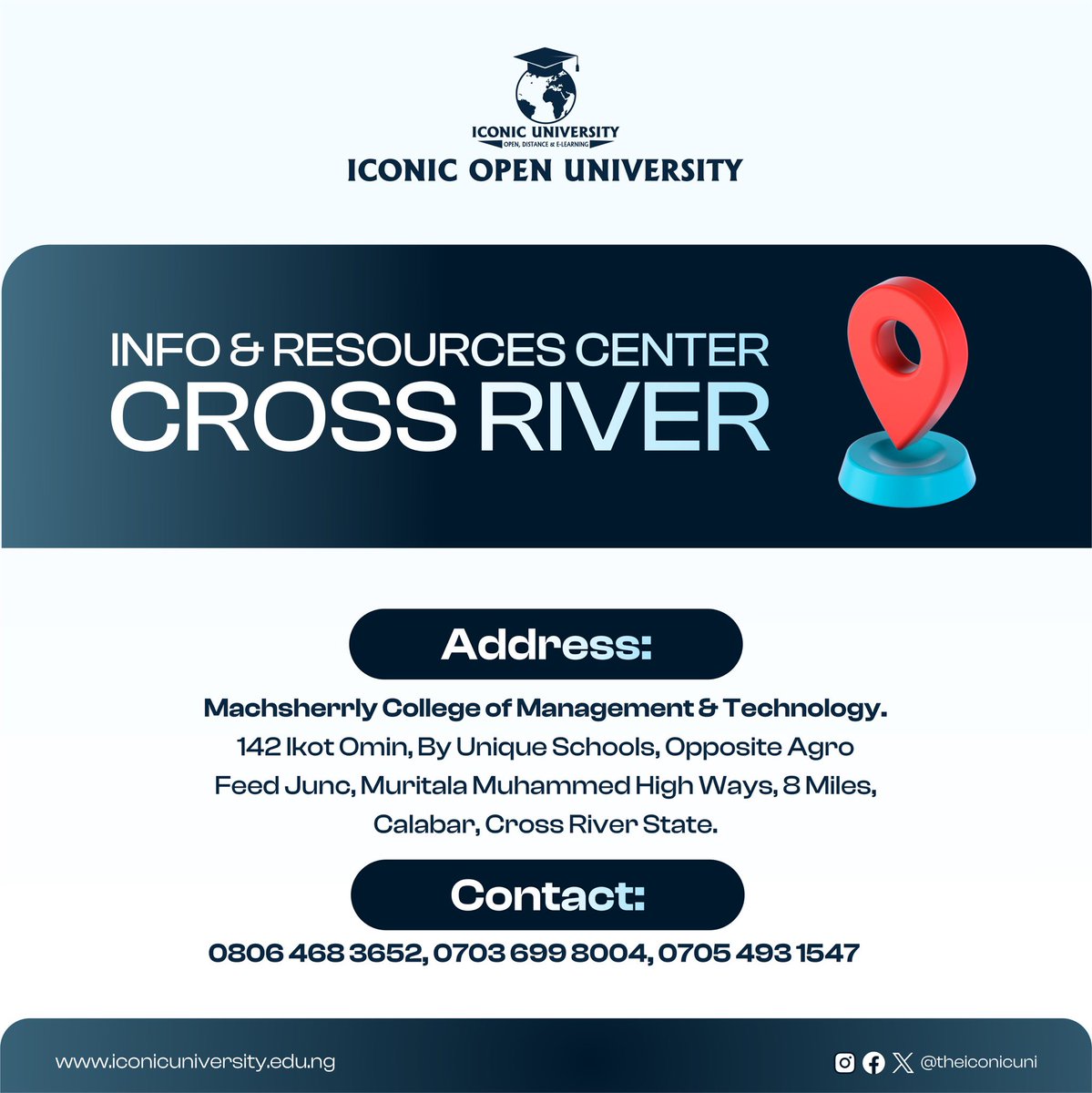 Igniting the potential of the peoples paradise☁️🌧️

Iconic University proudly opens its doors to a new Resource Center in Cross River, Calabar. 

Explore & Achieve Greatness with Iconic University.

 #IconicUniversity #ResourceCenter #CrossRiverState #Education